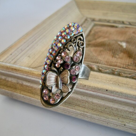 Adjustable Pink Rhinestone Butterfly Ring Vintage Inspired - Picture 3 of 5